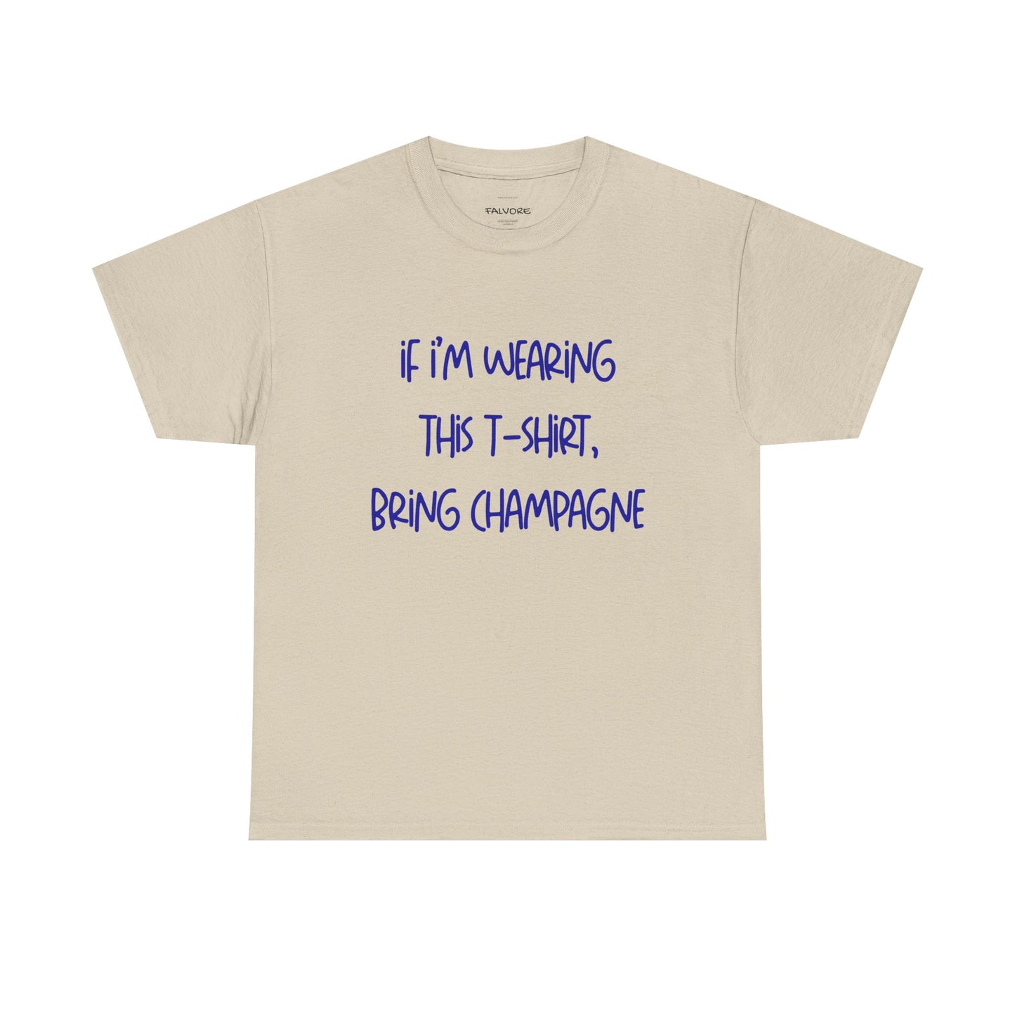 Beige t-shirt with blue text on a white background