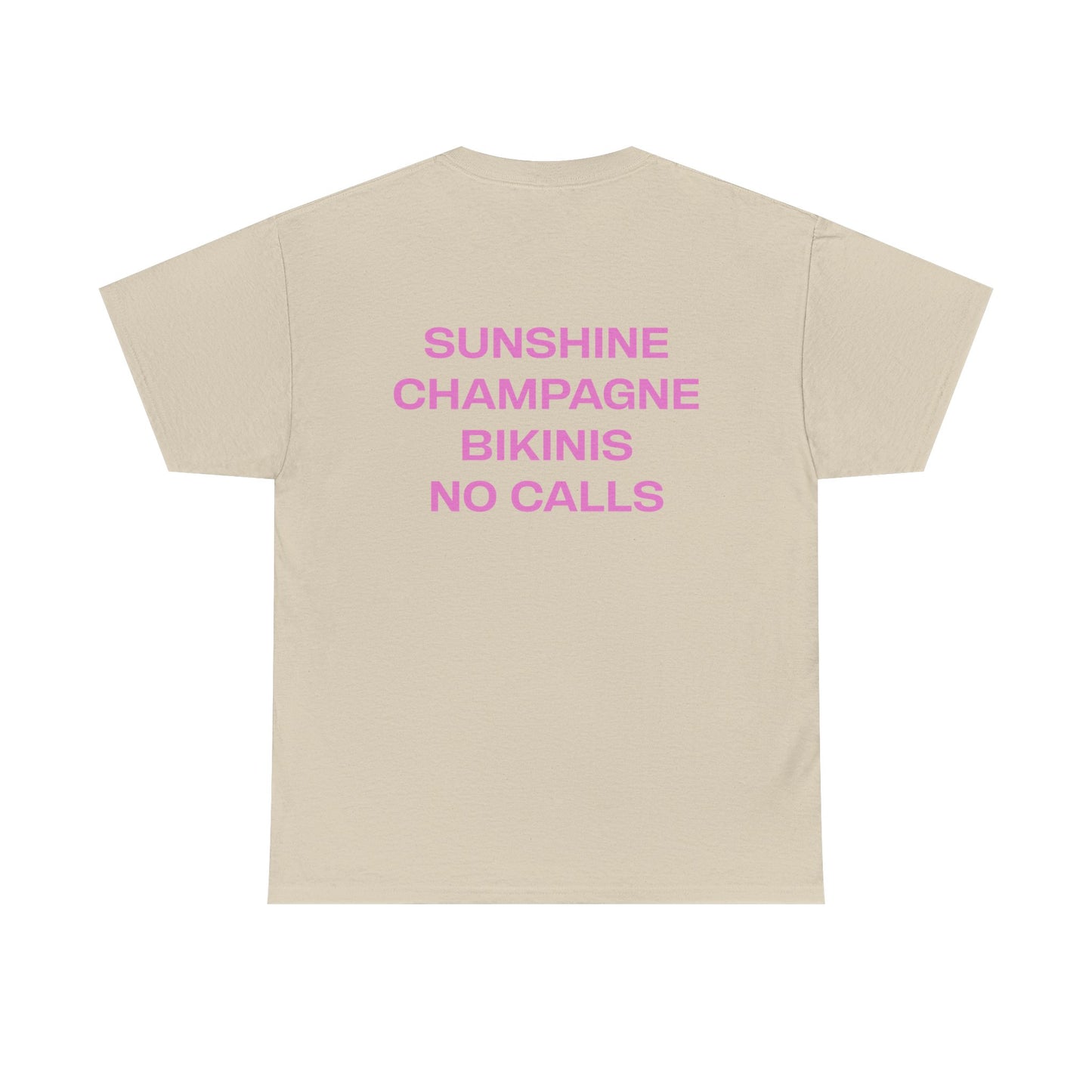 Beige t-shirt with pink text on a white background