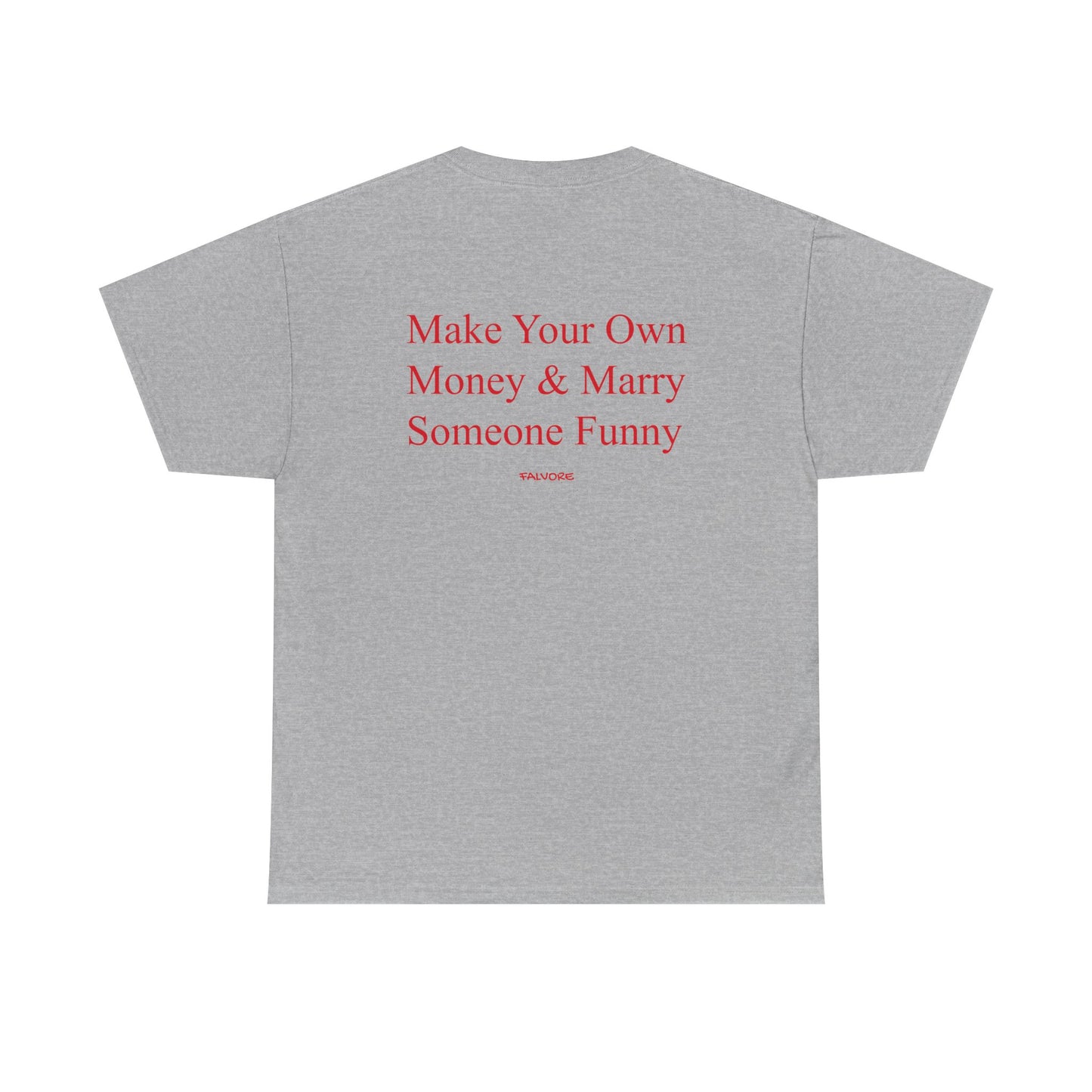 Gray t-shirt with red text on the back on a white background