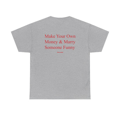 Gray t-shirt with red text on the back on a white background