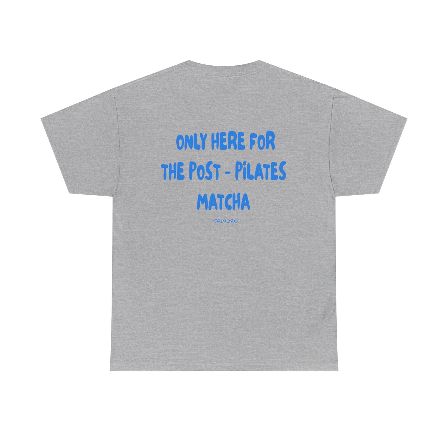 Gray t-shirt with blue text on the back on a white background