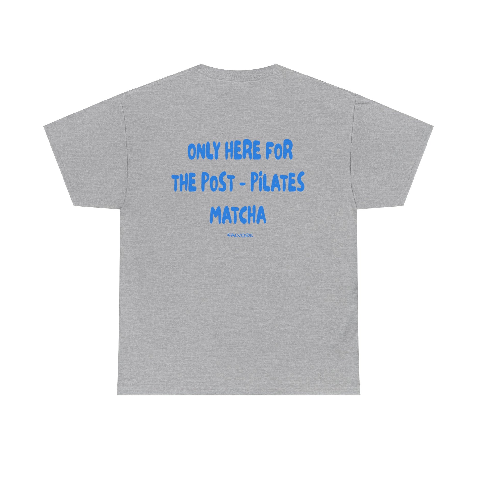 Gray t-shirt with blue text on the back on a white background
