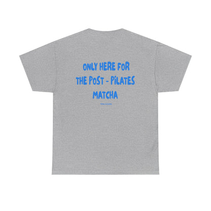 Gray t-shirt with blue text on the back on a white background