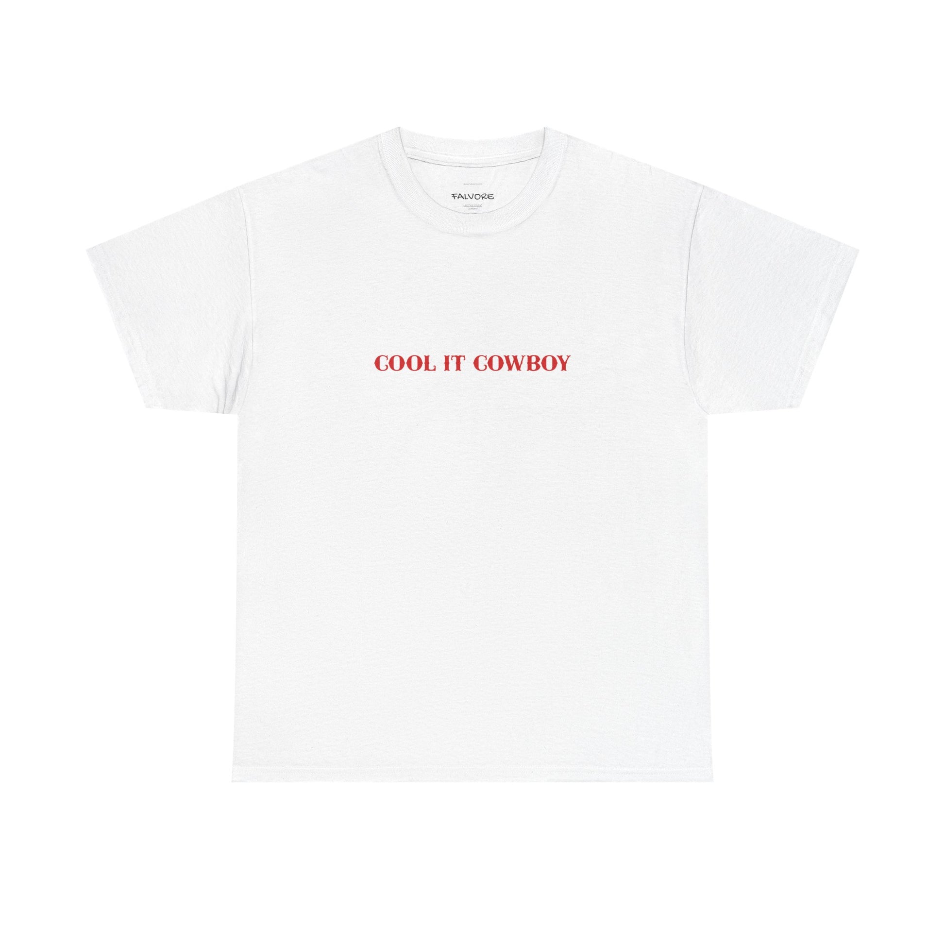 White t-shirt with red text on a white background