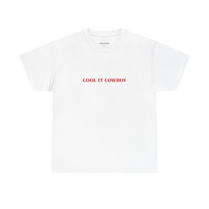 White t-shirt with red text on a white background