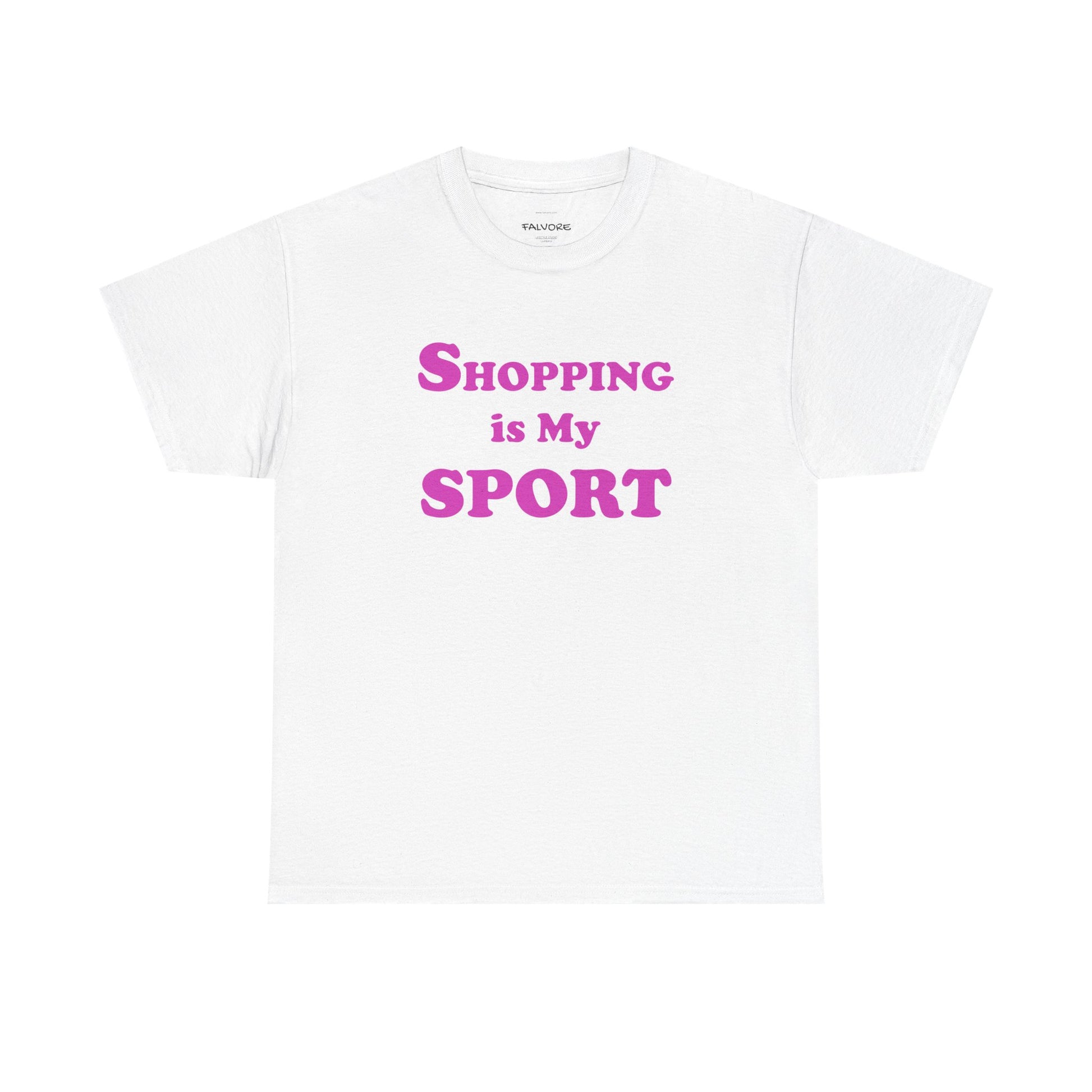 White t-shirt with pink text 'Shopping is My Sport' on a white background