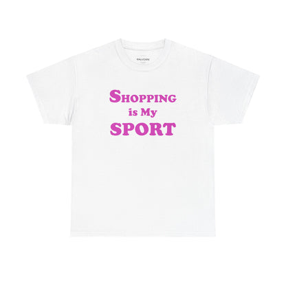 White t-shirt with pink text 'Shopping is My Sport' on a white background