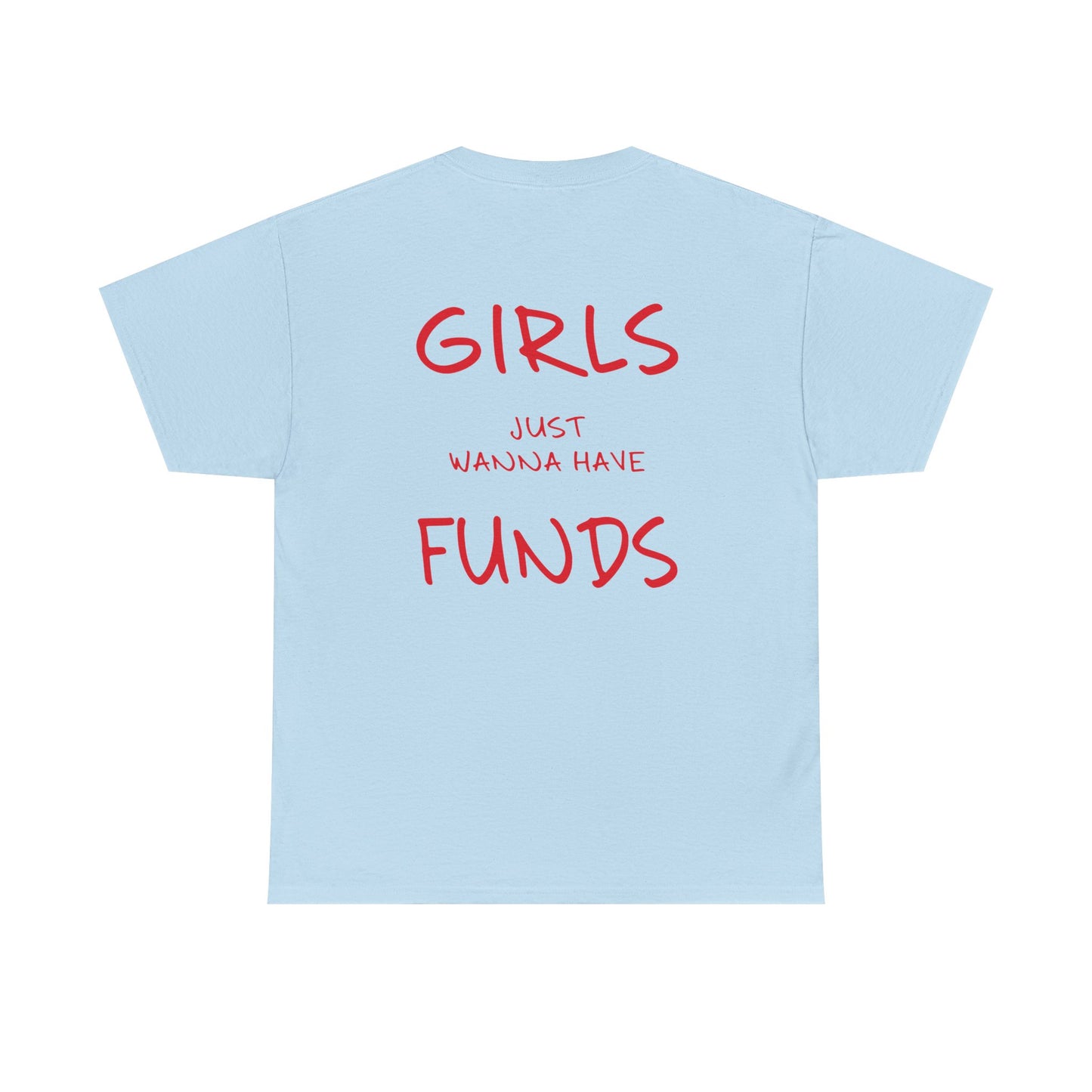 Light blue t-shirt with red text on a white background
