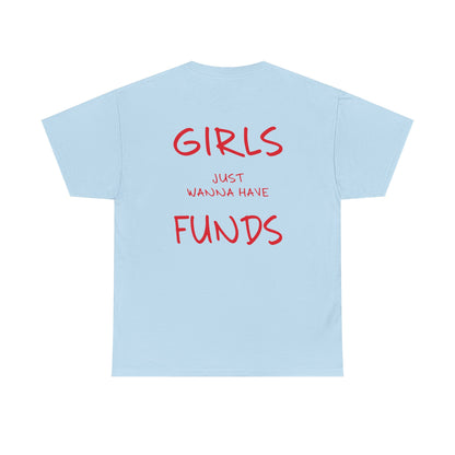 Light blue t-shirt with red text on a white background