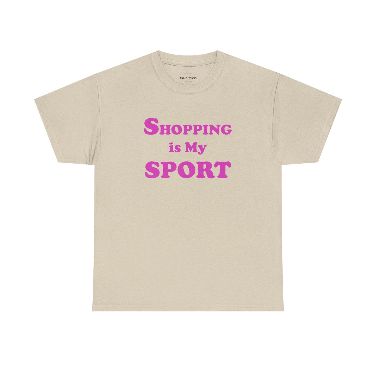Beige t-shirt with pink text 'Shopping is My Sport' on a white background