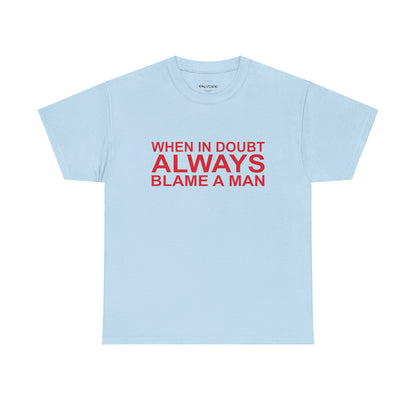 Light blue t-shirt with red text on a white background