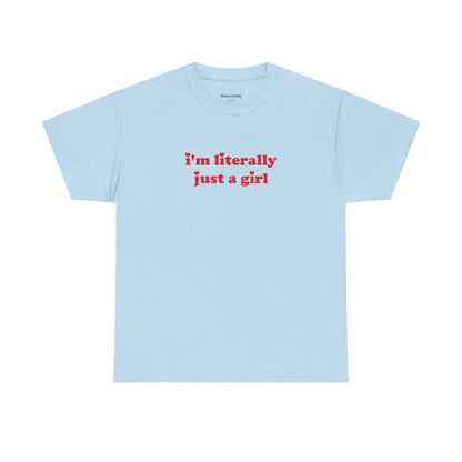 Light blue t-shirt with red text on a white background