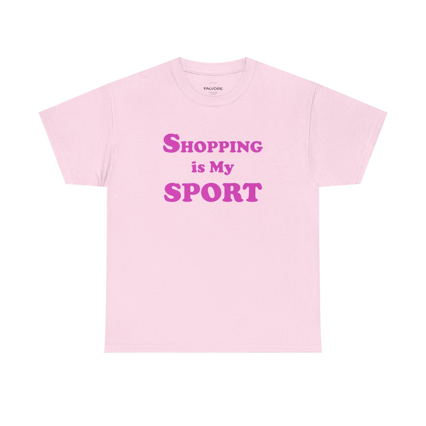 Pink t-shirt with 'Shopping is My Sport' text on a white background