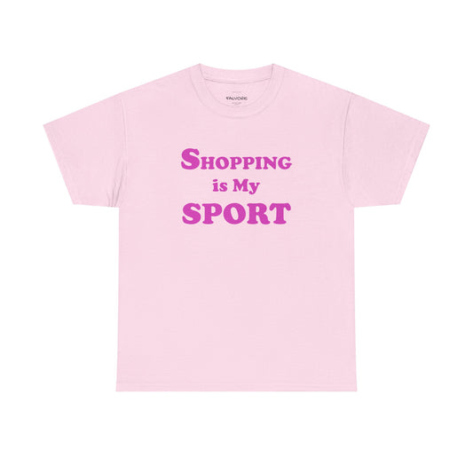Pink t-shirt with 'Shopping is My Sport' text on a white background