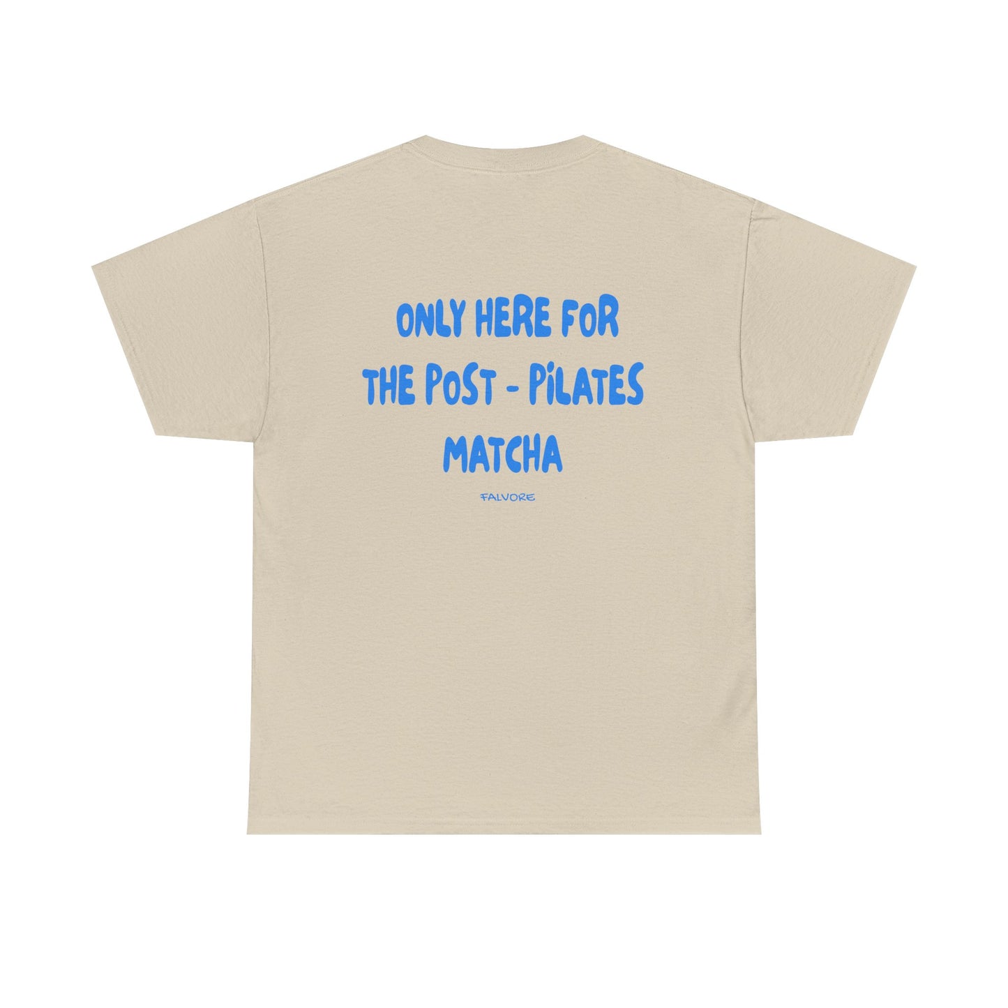Beige t-shirt with blue text on a white background