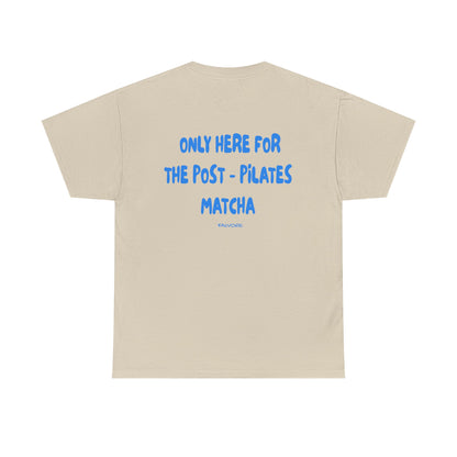 Beige t-shirt with blue text on a white background