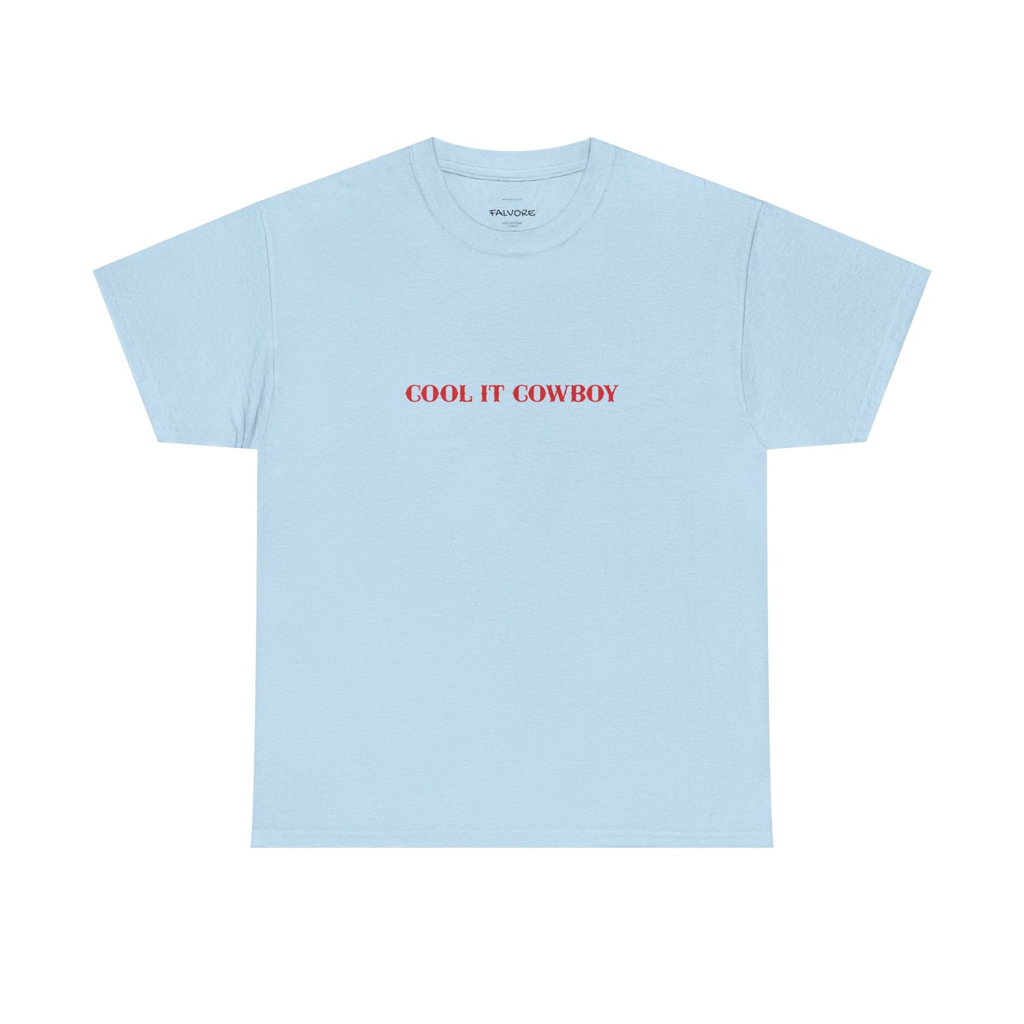 Light blue t-shirt with text on a white background