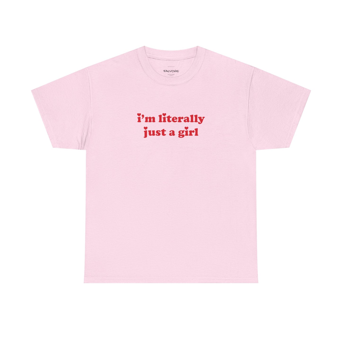 Pink t-shirt with red text on a white background