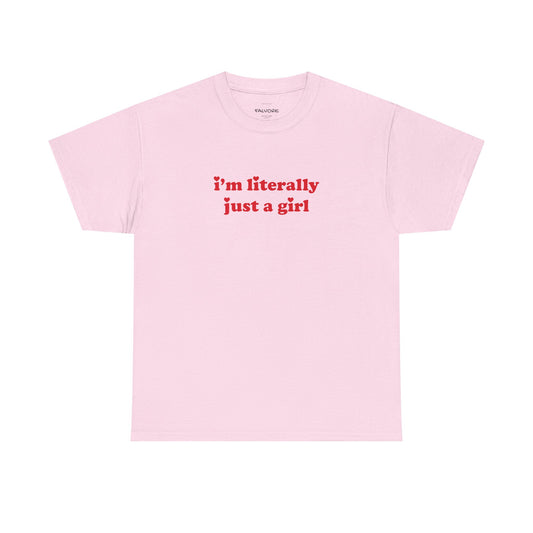 Pink t-shirt with red text on a white background