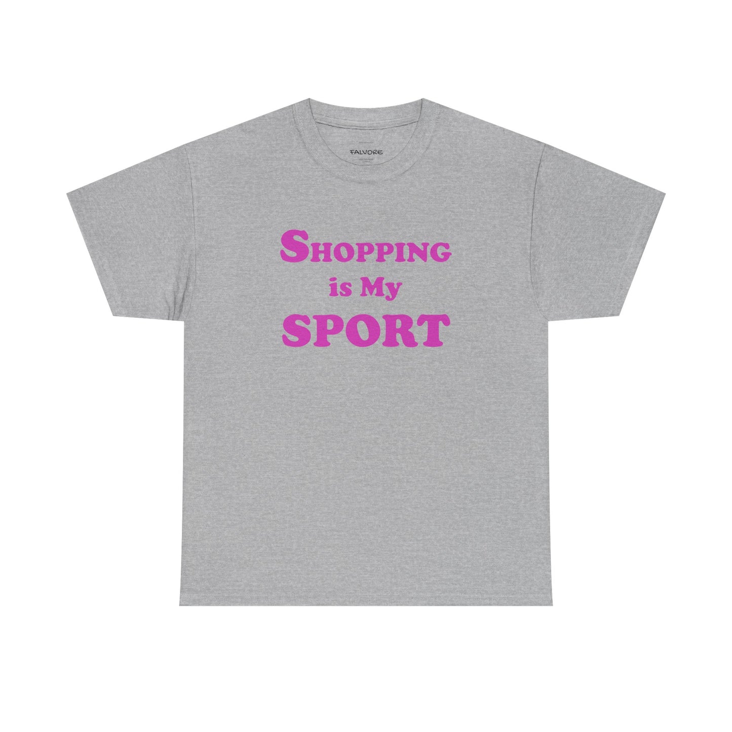 Gray t-shirt with pink text 'Shopping is My Sport' on a white background