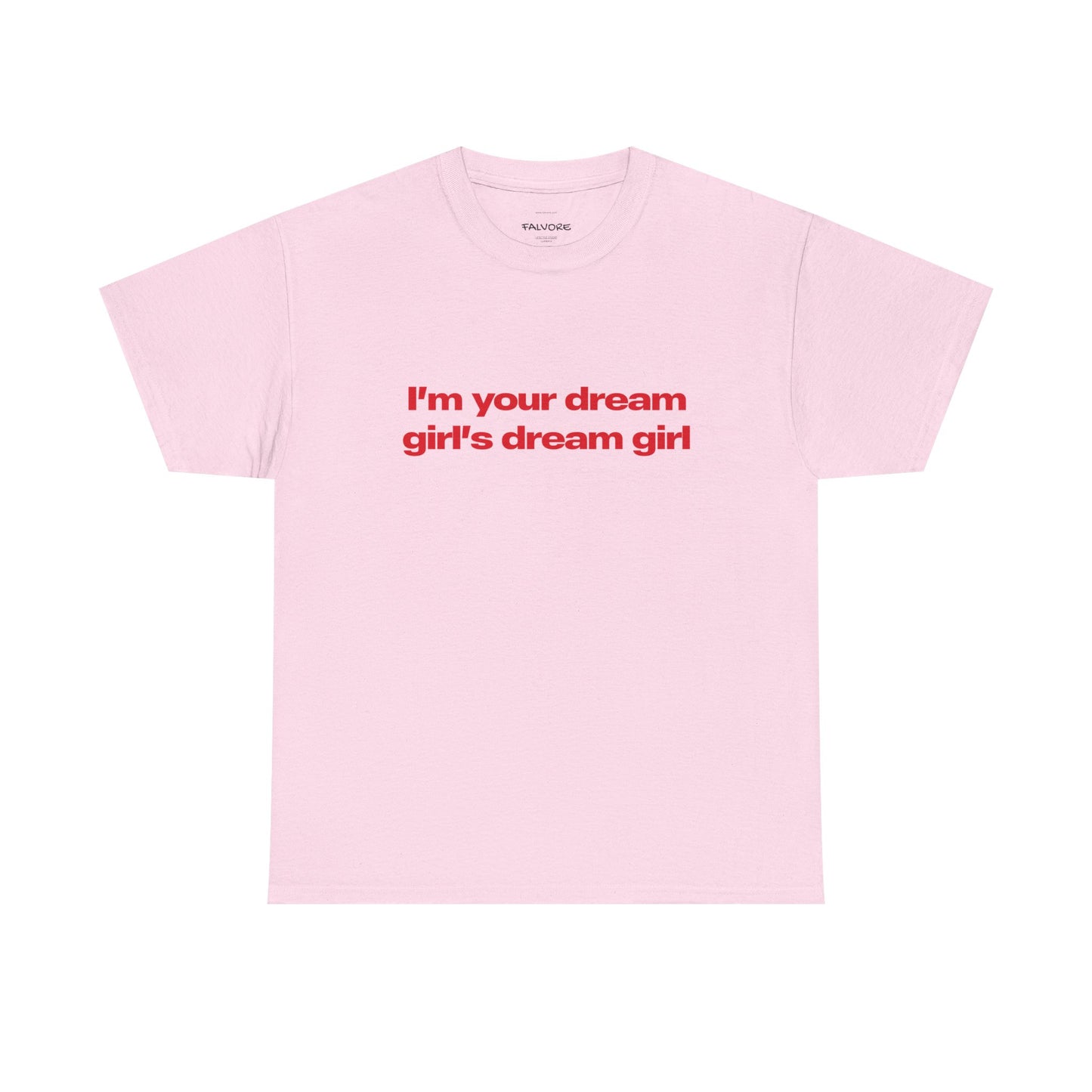 Pink t-shirt with red text on a white background