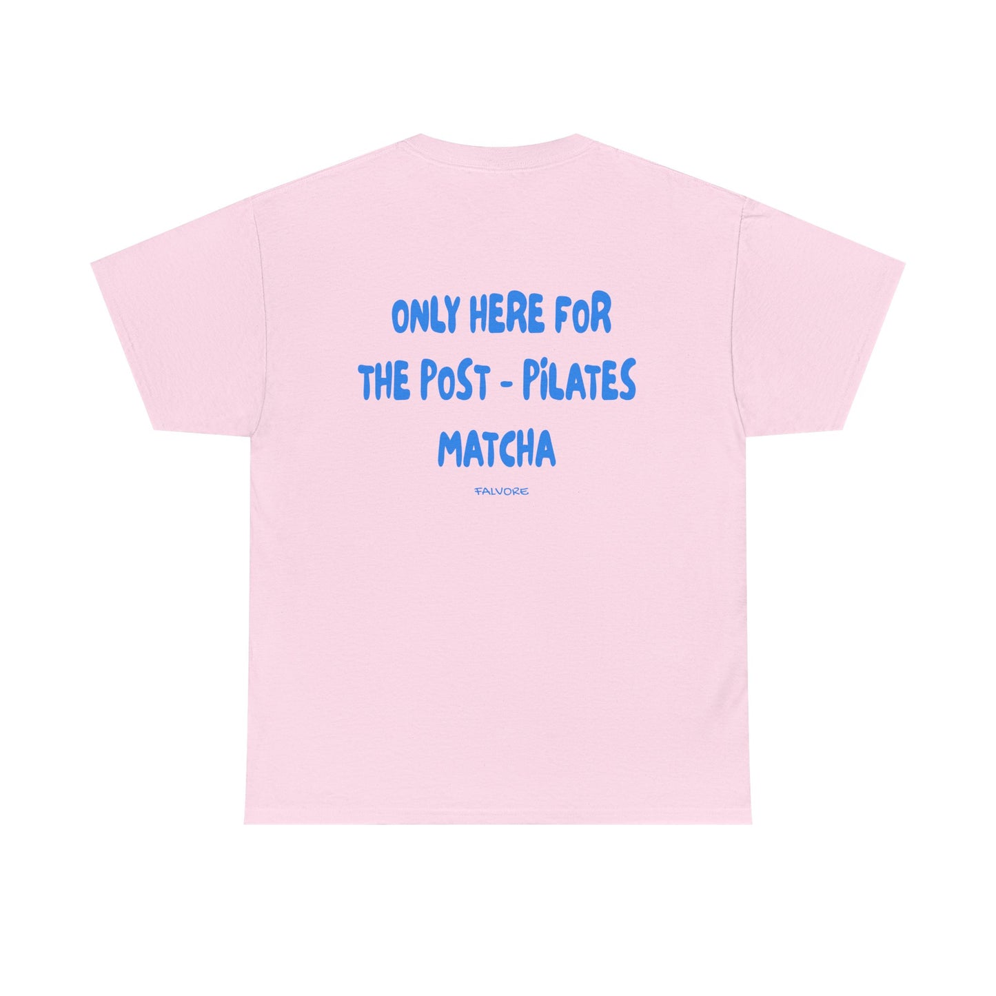 Pink t-shirt with blue text on a white background