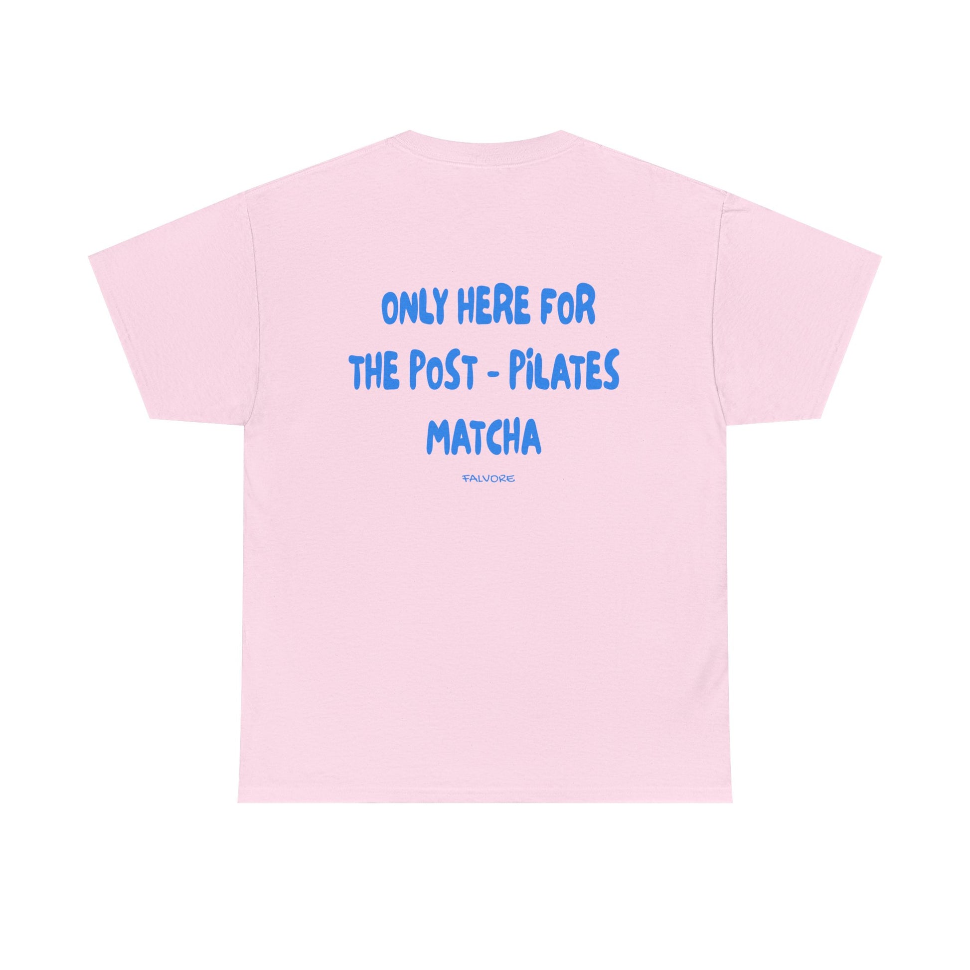 Pink t-shirt with blue text on a white background