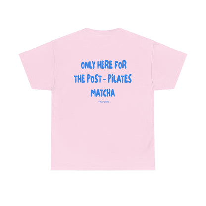 Pink t-shirt with blue text on a white background