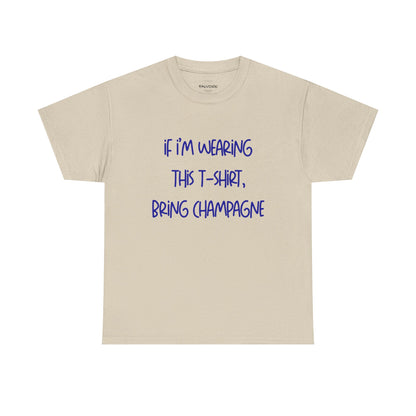 Beige t-shirt with blue text on a white background