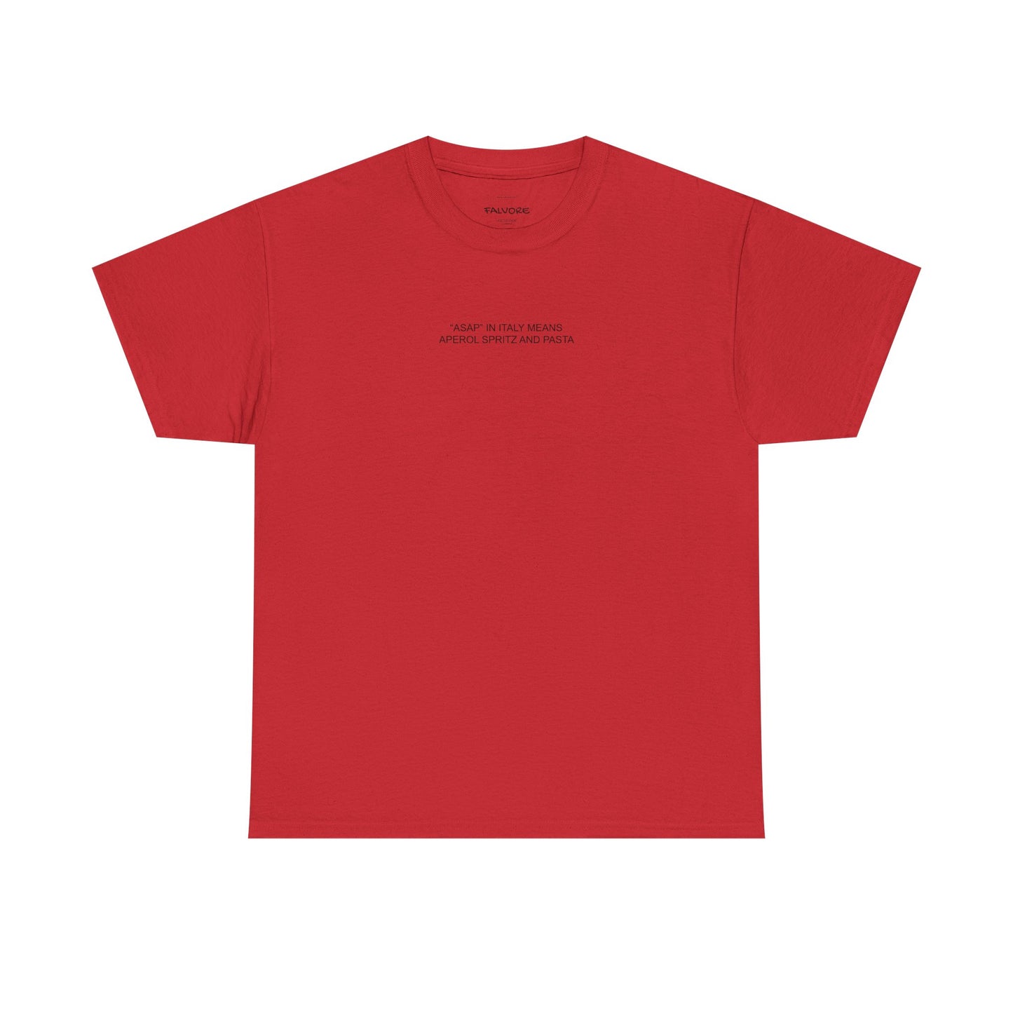 Red t-shirt with white text on a white background