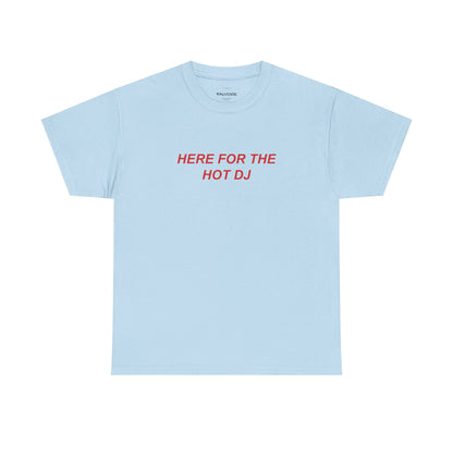 Light blue t-shirt with red text on a white background