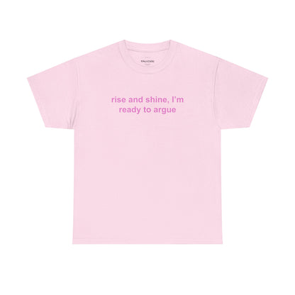 Pink t-shirt with a small logo on the chest against a white background