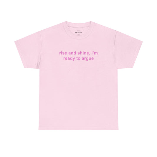 Pink t-shirt with a small logo on the chest against a white background