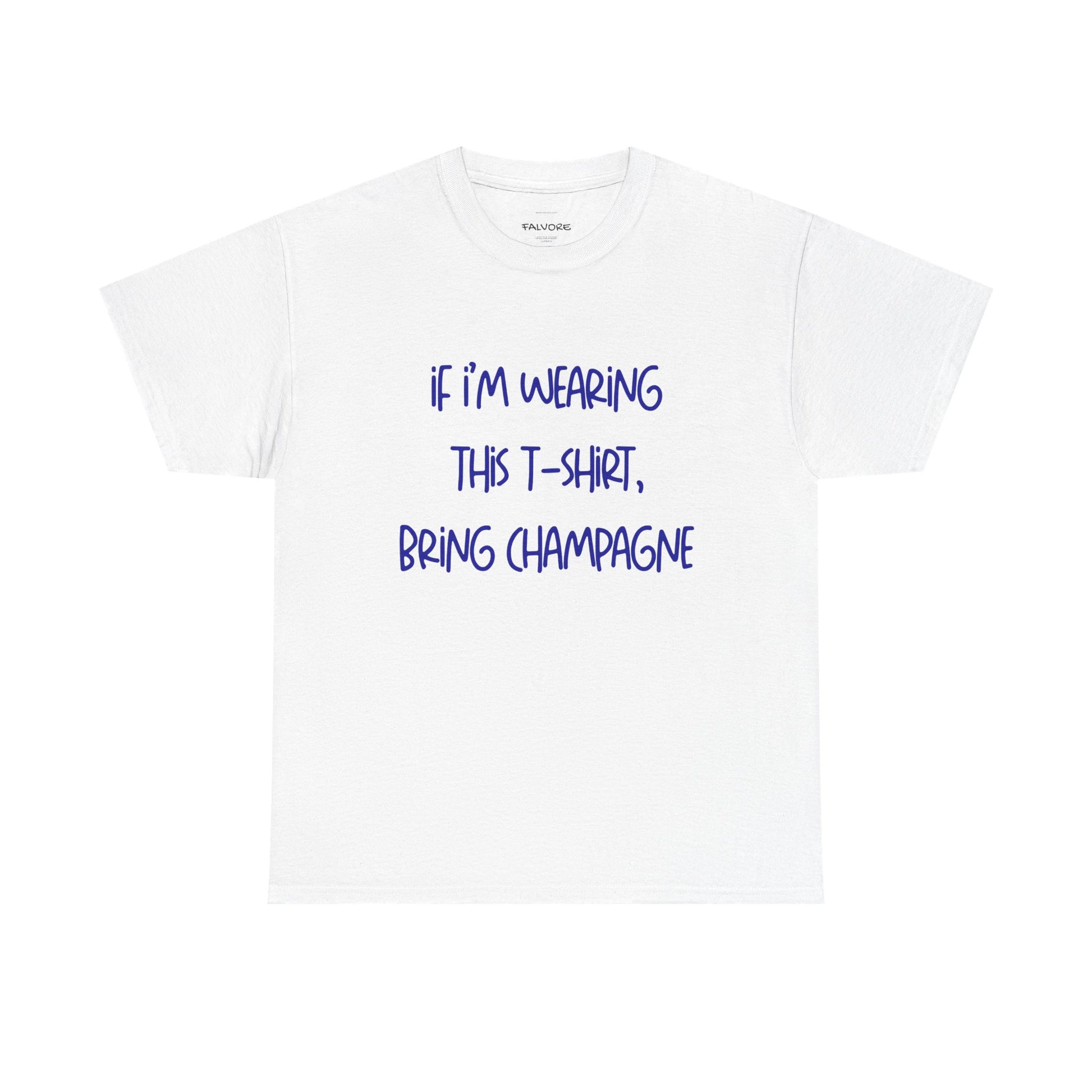 White t-shirt with blue text on a white background