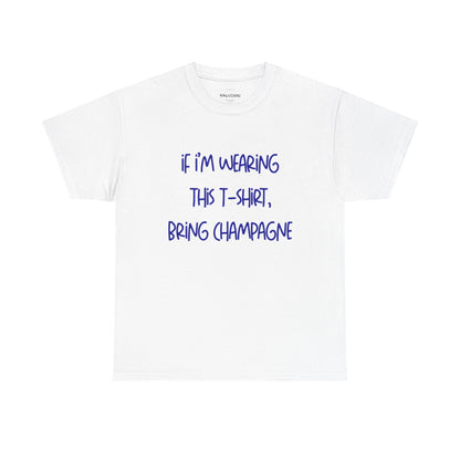 White t-shirt with blue text on a white background