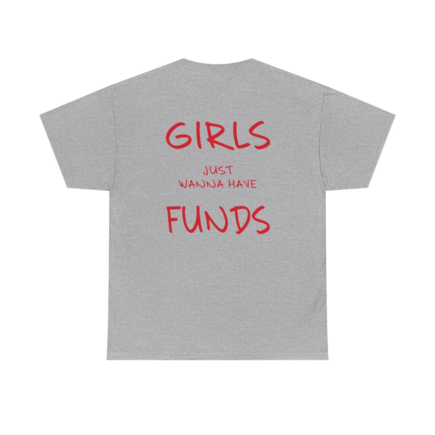 Gray t-shirt with red text on the back on a white background