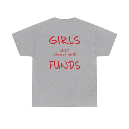 Gray t-shirt with red text on the back on a white background