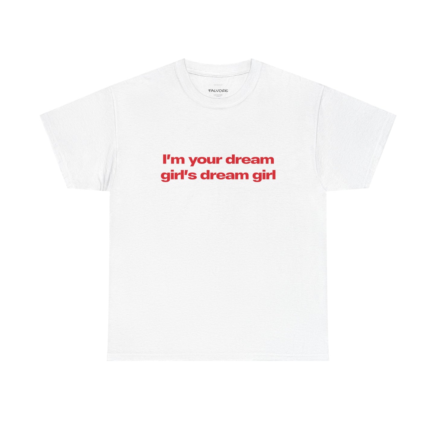 White t-shirt with red text on a white background