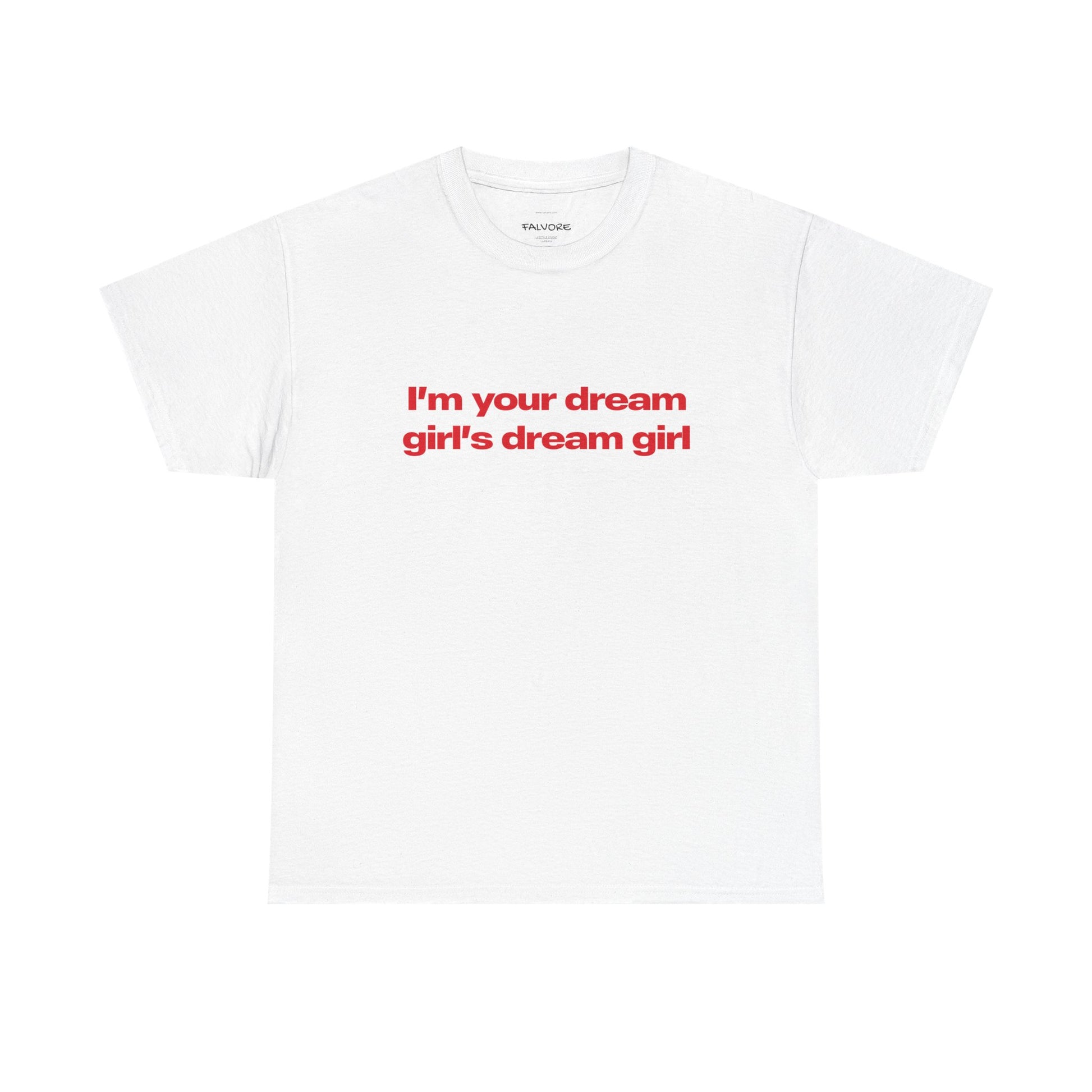 White t-shirt with red text on a white background