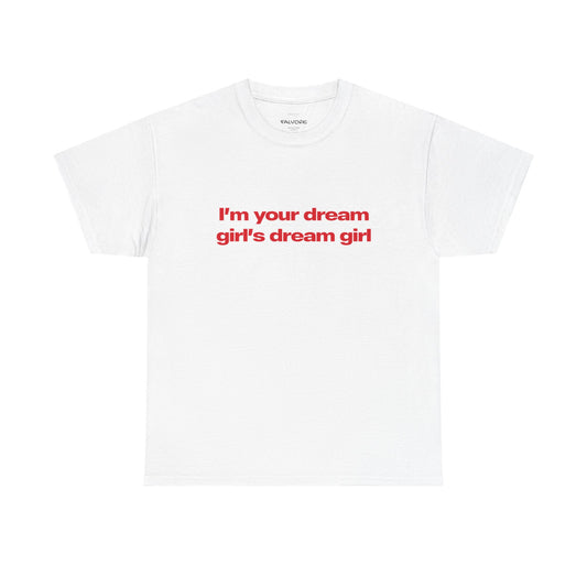 White t-shirt with red text on a white background