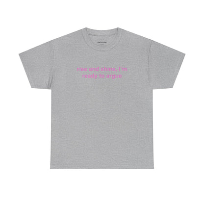 Green t-shirt with 'Lucky me!' text on a white background