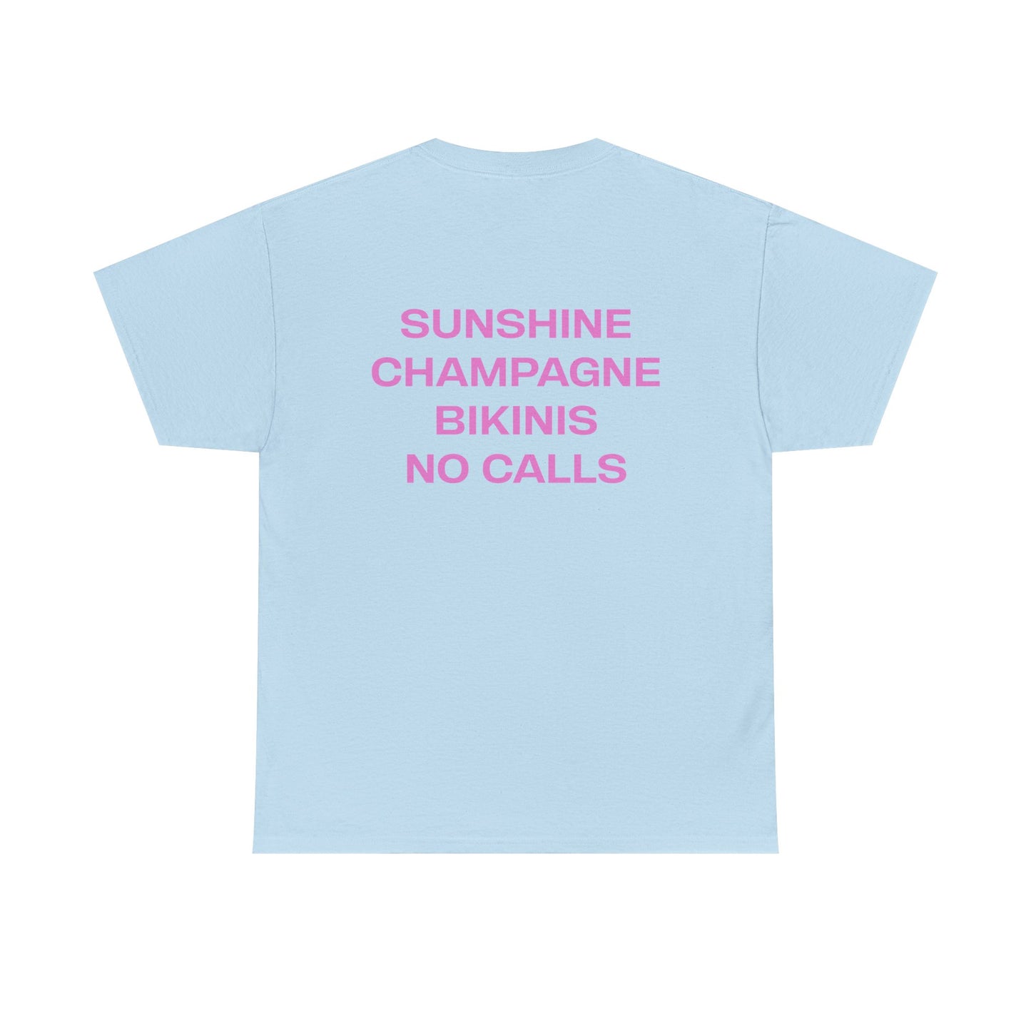 Light blue t-shirt with pink text on a white background