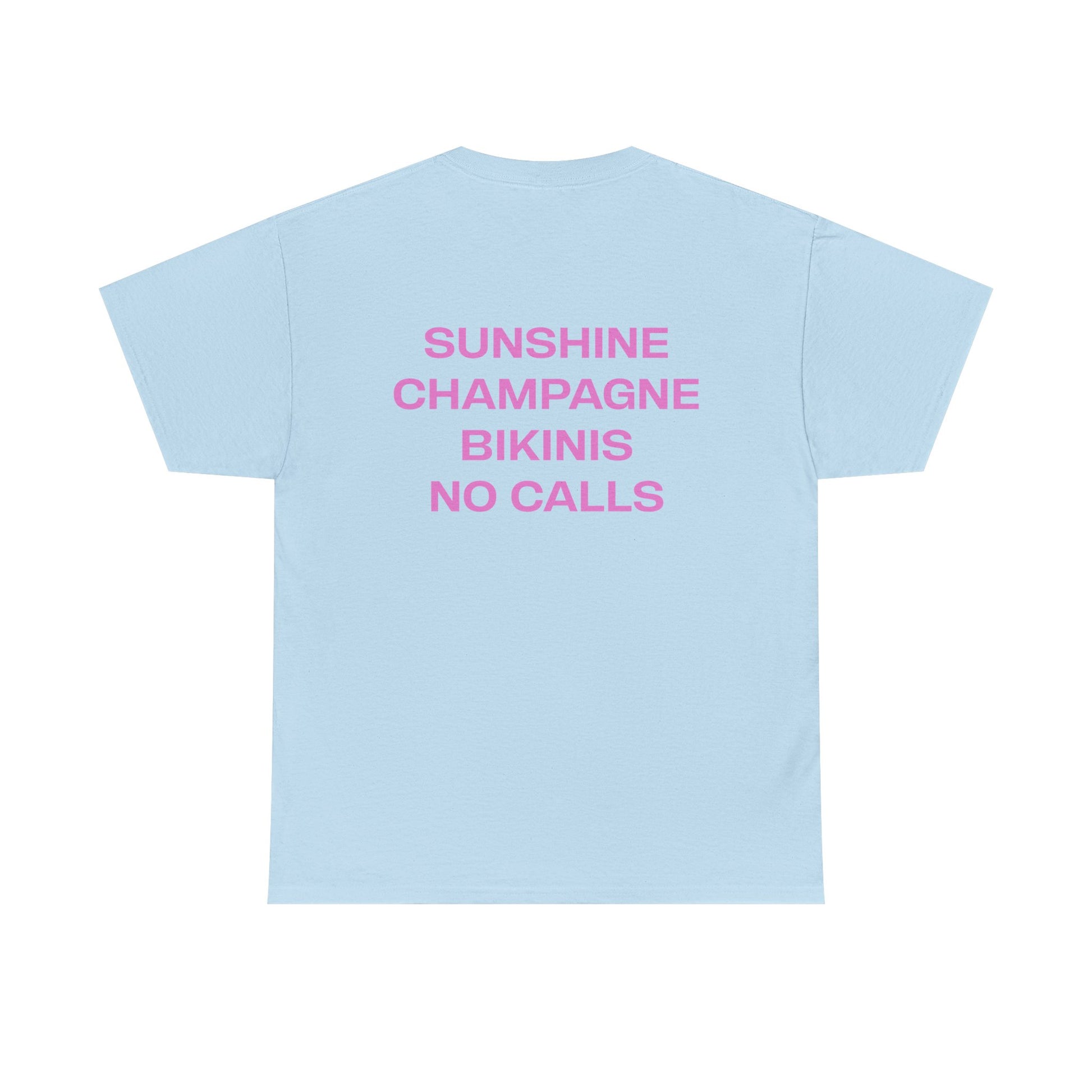Light blue t-shirt with pink text on a white background