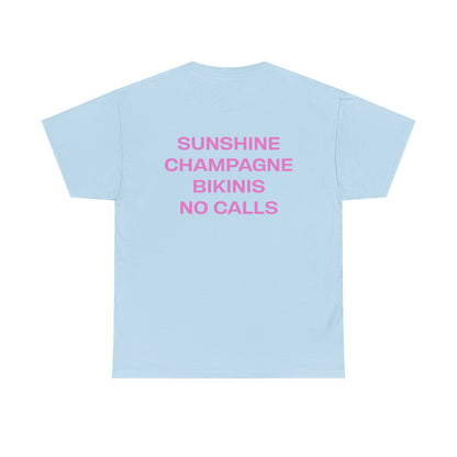 Light blue t-shirt with pink text on a white background
