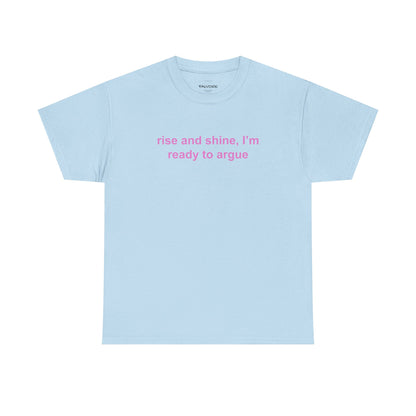 Light blue t-shirt with pink text on a white background