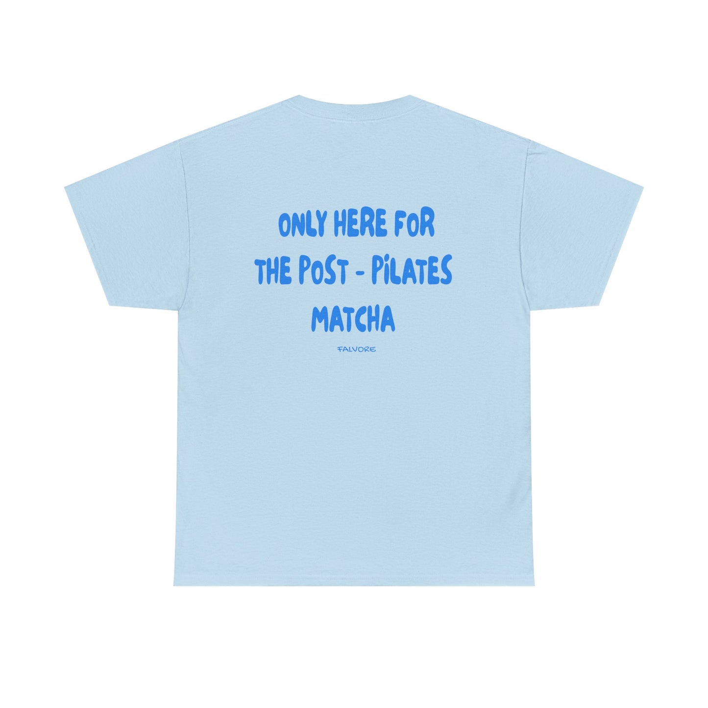 Light blue t-shirt with blue text on a white background