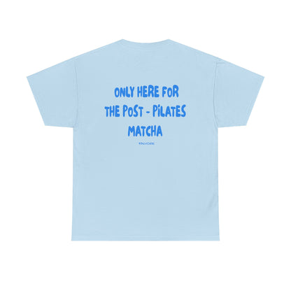 Light blue t-shirt with blue text on a white background