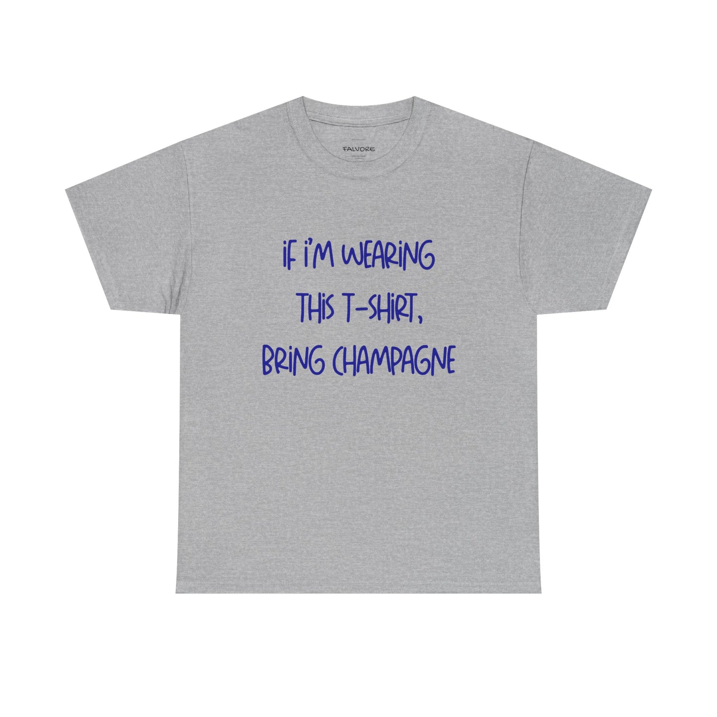 Gray t-shirt with blue text on a white background