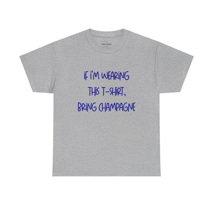 Gray t-shirt with blue text on a white background