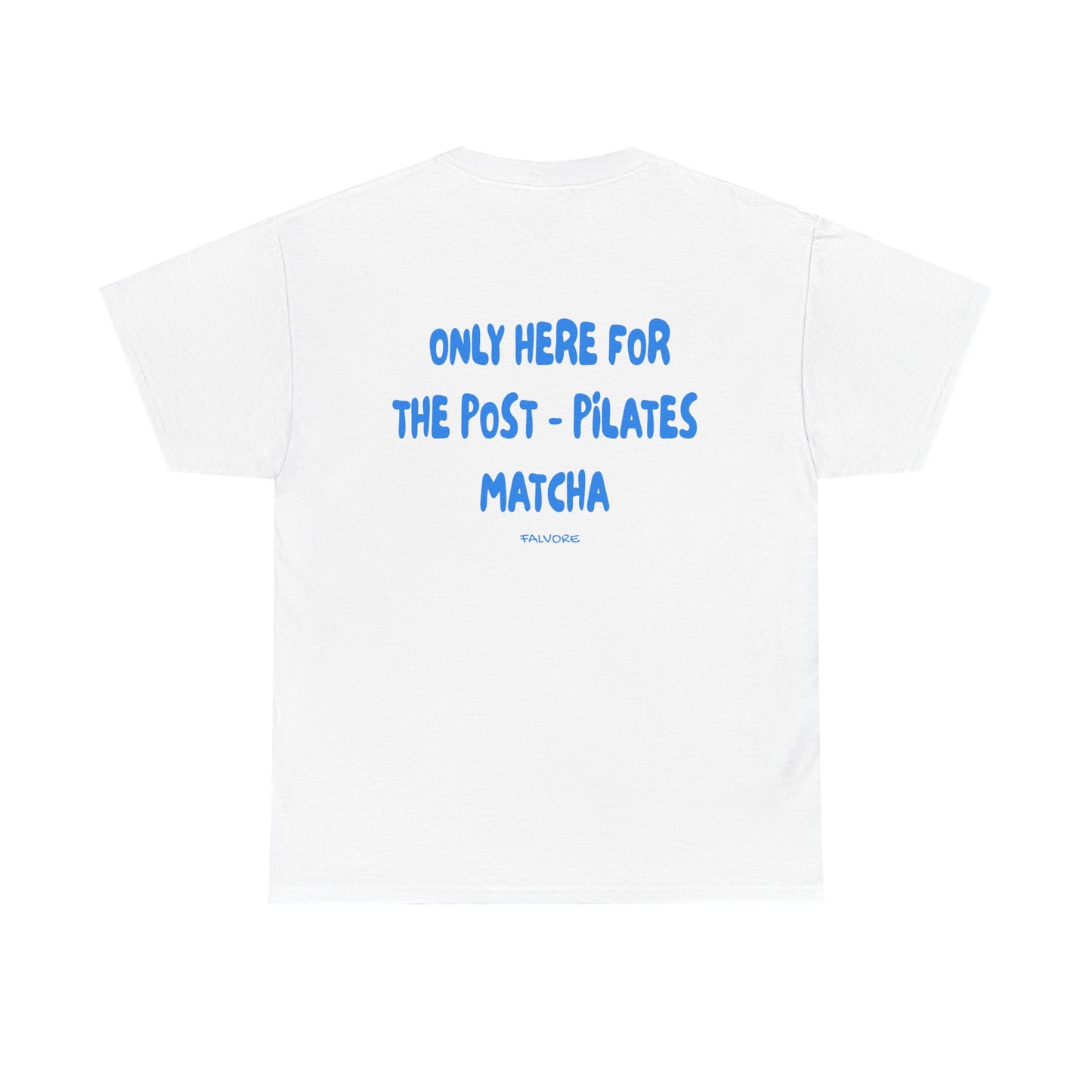 White t-shirt with blue text on a white background
